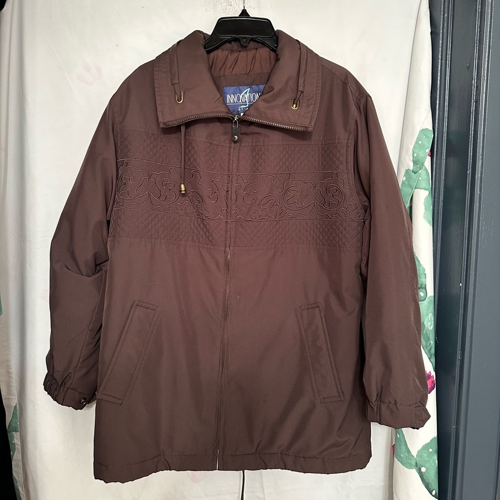 Innovations by IZZI Brown Quilted Embroidered Jacket Coat Size Small